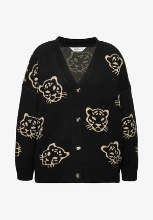 Sort cardigan med beige leopardmønster, V-hals, knaplukning og ribbede manchetter. Fremstillet af tekstureret strikstof.