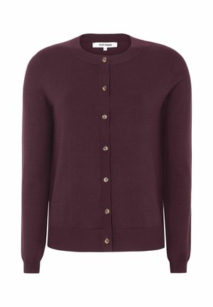 Tamnoljubičasta kardigan s dugim rukavima i okruglim izrezom, s sedam ravnomjerno raspoređenih gumba na prednjoj strani.