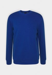 Sudadera azul de algodón con mangas largas, cuello redondo y puños acanalados. Textura suave, diseño minimalista, sin patrones ni detalles visibles.