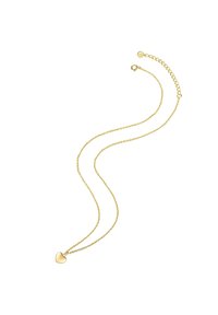 Zlatý náhrdelník s jemným reťazcom a malým príveskom v tvare srdca, hladký povrch a zapínanie na krabí háčik.