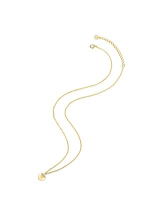 Collana color oro con una delicata catena e un piccolo ciondolo a forma di cuore, superficie liscia e chiusura a moschettone.