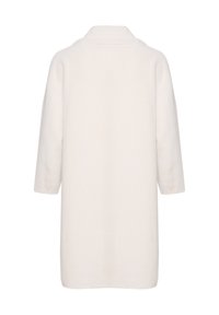 Vit, texturerad, oversized kappa med krage, trekvartslånga ärmar och utan knäppningar, designad för komfort och enkel användning.