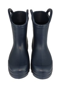 Navy rubberen regenlaarzen met een gladde textuur, voorzien van twee trekhandvatten en een ronde teenvorm. De zool heeft een gestructureerde grip.