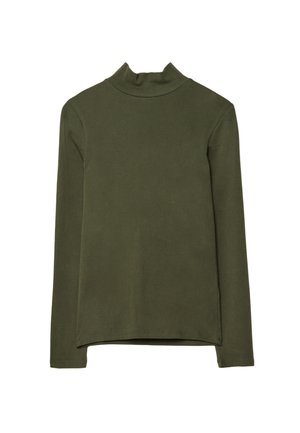 Chemise à col montant olive à manches longues avec un design simple et sans motifs ni logos visibles sur fond blanc.