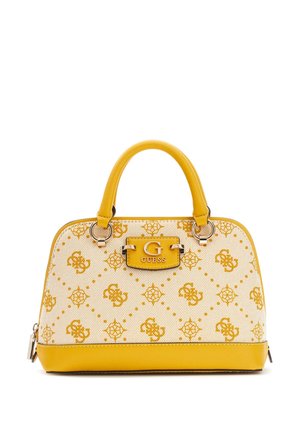 Yellow structured handbag with canvas body featuring a geometric pattern, yellow leather accents, dual handles, and a branded plaque.