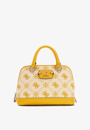 Sac à main structuré jaune avec un corps en toile présentant un motif géométrique, des accents en cuir jaune, des poignées doubles et une plaque de marque.