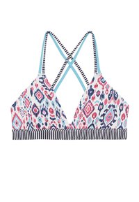 Trekantet bikini top med et multicolor geometrisk mønster; justerbare blå stropper; stribet bånd i marineblå og hvid.