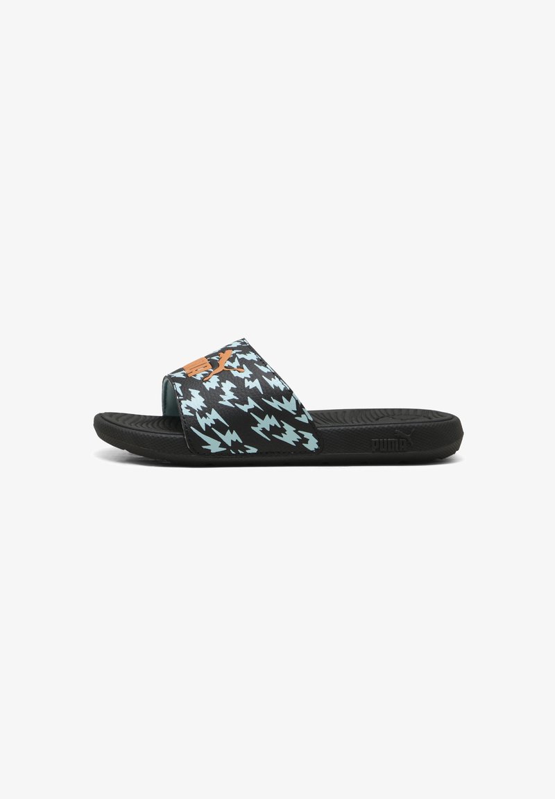 Black slide sandal featuring a textured rubber sole, a patterned strap with light blue zigzag designs, and a prominent orange logo.