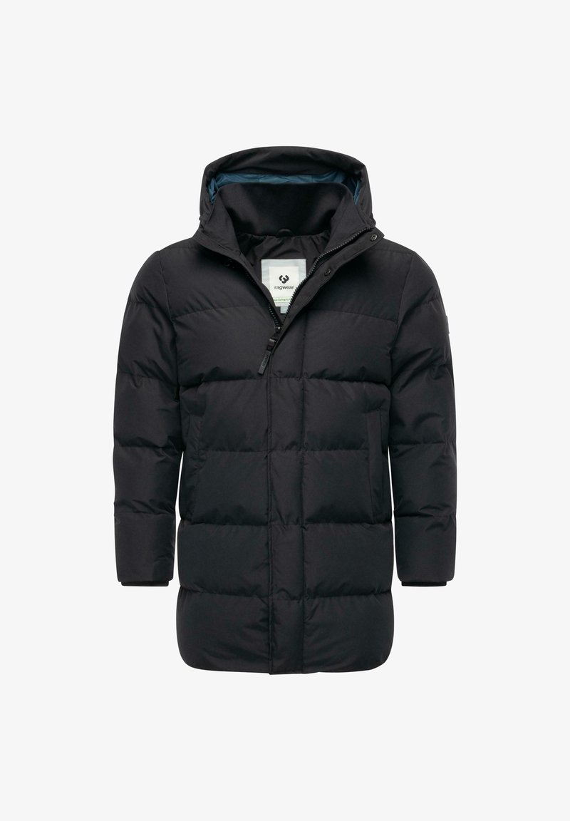 Czarna, pikowana kurtka puchowa z kapturem, z zamkiem z przodu, długimi rękawami i dwoma bocznymi kieszeniami, zaprezentowana na białym tle.