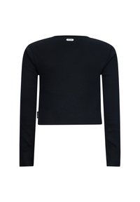 Top corto a maniche lunghe a coste nere con scollatura rotonda. Presenta un'etichetta sulla parte posteriore del collo e una silhouette aderente.