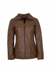 Braune Lederjacke mit schlankem Design, ausgestattet mit einem Reverskragen, einem Frontreißverschluss und zwei seitlichen Reißverschlusstaschen. Glatte Textur, taillierte Passform.