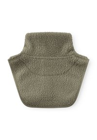 Fleece vest in olive green with a high collar, textured fabric, and contrasting trim along the edges, featuring a simple, functional design.