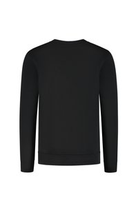 Effen zwart sweatshirt met lange mouwen, ribbelmanchetten, zoom en ronde halslijn, getoond vanaf de achterkant op een witte achtergrond.