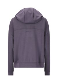 Lila hoodie med långa ärmar, huva, och texten "ENDURANCE" tryckt på övre delen av ryggen, visas bakifrån mot en vit bakgrund.