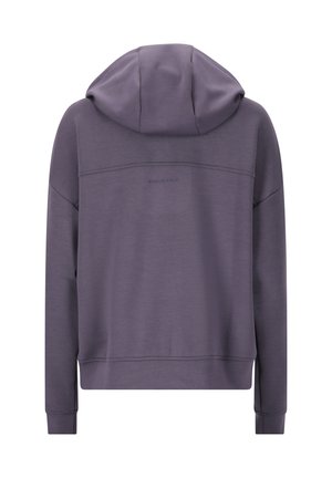 Lila Kapuzenpullover mit langen Ärmeln, Kapuze und dem Aufdruck "ENDURANCE" auf dem oberen Rücken, von hinten auf einem weißen Hintergrund dargestellt.