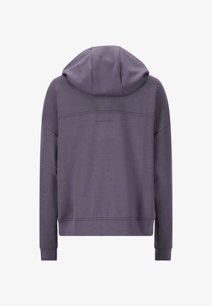 Lila Kapuzenpullover mit langen Ärmeln, Kapuze und dem Aufdruck "ENDURANCE" auf dem oberen Rücken, von hinten auf einem weißen Hintergrund dargestellt.