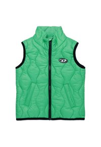 Gilet verde trapuntato con colletto alto e dettagli neri. Chiusura frontale con cerniera e tasche laterali. Superficie texturizzata con dettagli a motivo ondulato.