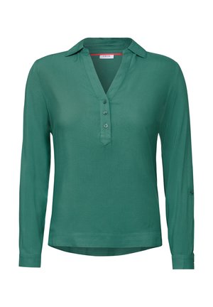 Grüne Bluse mit langen Ärmeln, Kragen, V-Ausschnitt, drei Kn�öpfen vorne und einem subtilen Muster. Geformter Saum mit geknöpften Manschetten.