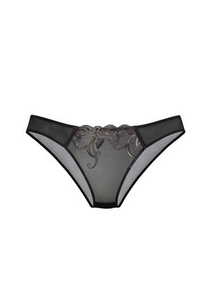 Ropa interior tipo bikini de malla negra transparente con bordado floral metálico a lo largo de la cinturilla frontal.