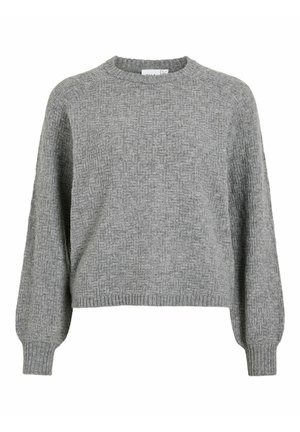 Gray textured sweater with a round neckline, dropped shoulders, and ribbed cuffs and hem. Made of knit fabric with a subtle pattern.
