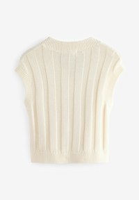 Neule crop-top vaaleassa valkoisessa, jossa on ribbikuvio, lyhyet hihat ja pyöreä pääntie. Sileä materiaali lisää rentoutta.