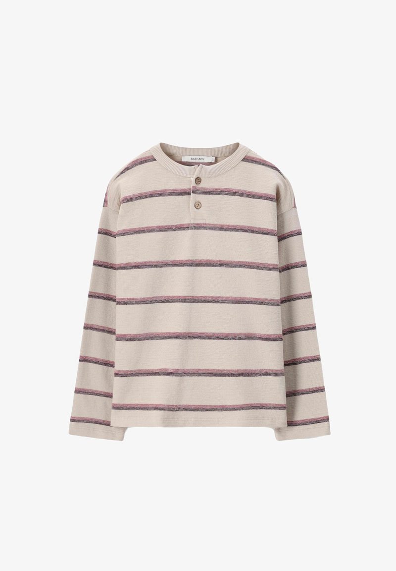 Chemise en tricot beige à manches longues avec des rayures horizontales roses et foncées et deux boutons près de l'encolure ronde.