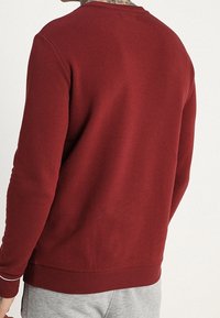 Sudadera roja con un diseño sencillo, cuello redondo, puños y dobladillo acanalados, hecha de un tejido suave, vista desde la parte de atrás.