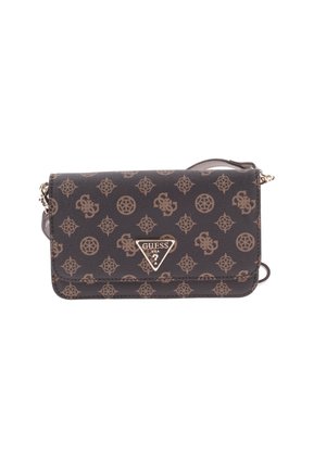Borsa a tracolla marrone con motivo, con una finitura testurizzata, caratterizzata da un logo triangolare argento sul davanti e una tracolla rimovibile.