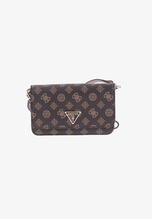 Sac en bandoulière marron à motifs avec une finition texturée, présentant un logo triangulaire argenté à l'avant et une bandoulière amovible.