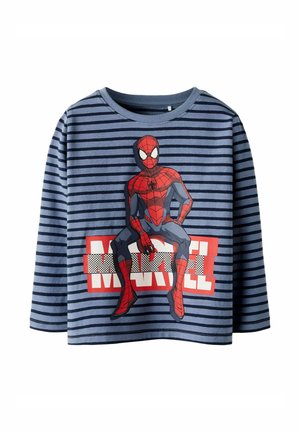Niebieska koszulka z długim rękawem w paski, z nadrukiem postaci Spider-Mana i czerwonym napisem "MARVEL" na przodzie. Wykonana z bawełny.
