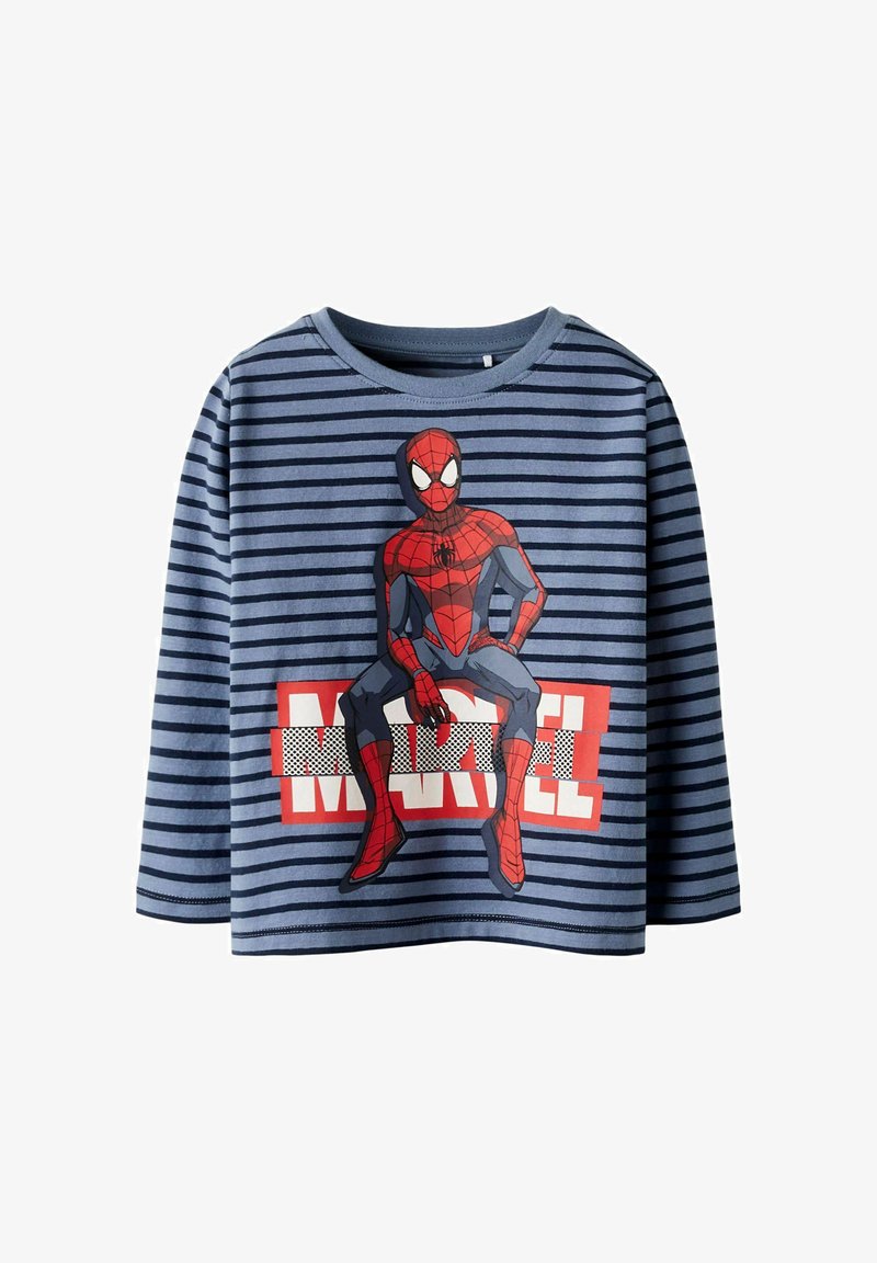 Niebieska koszulka z długim rękawem w paski, z nadrukiem postaci Spider-Mana i czerwonym napisem "MARVEL" na przodzie. Wykonana z bawełny.