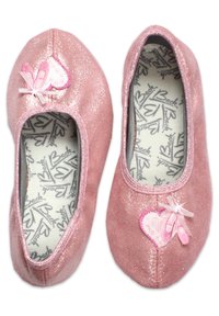 Rosa Glitzer-Balletschuhe mit runder Form, Herzdesign, Ribbons und weicher Stoffauskleidung mit bedrucktem Logo.