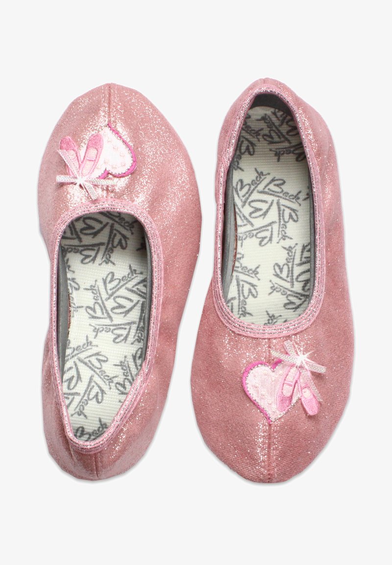 Rosa Glitzer-Balletschuhe mit runder Form, Herzdesign, Ribbons und weicher Stoffauskleidung mit bedrucktem Logo.