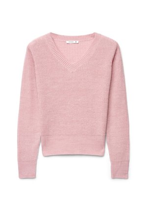 Morbido maglione rosa lavorato a maglia con maniche lunghe e scollo a V, mostrato disteso su sfondo bianco.