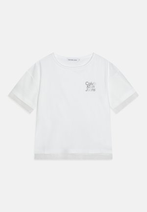 White cotton t-shirt with short sleeves, round neckline, and contrasting hem. Features a small gray "Calvin Klein Jeans" logo on the chest.