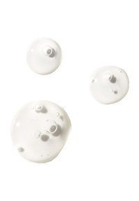 Drie doorschijnende witte gel druppels van verschillende maten en vormen, met gladde oppervlakken en zichtbare kleine luchtbelletjes.