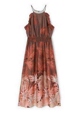 Robe marron sans manches avec des bretelles volantées à épaules dénudées, taille élastique et motifs de feuilles tropicales orange, rose et beige.