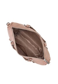 Hellbraune Lederhandtasche mit Reißverschluss, geräumigem Innenraum, glatter Textur und dezenter Markenkennzeichnung im Innenfutter.