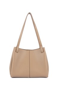Sac à main en cuir beige avec deux bandoulières, une surface légèrement texturée et une couture verticale simple au centre.