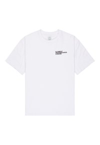 Hvid bomulds t-shirt med korte ærmer, med et sort trykt logo "ELEMENT SKATEBOARDS & MORE" på venstre brystområde.