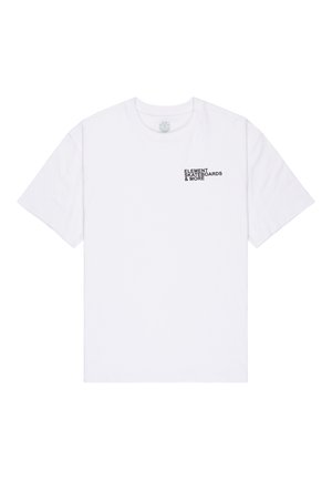 T-shirt bianco in cotone a maniche corte, con un logo nero stampato "ELEMENT SKATEBOARDS & MORE" sull'area sinistra del petto.