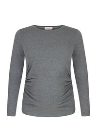 Grauer Langarmshirt aus weichem, dehnbarem Stoff. Mit gerafften Details an den Seiten und einem runden Halsausschnitt.