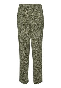 Leopardprint broek in groen en zwart, gemaakt van lichtgewicht stof, met een elastische tailleband en een recht model.