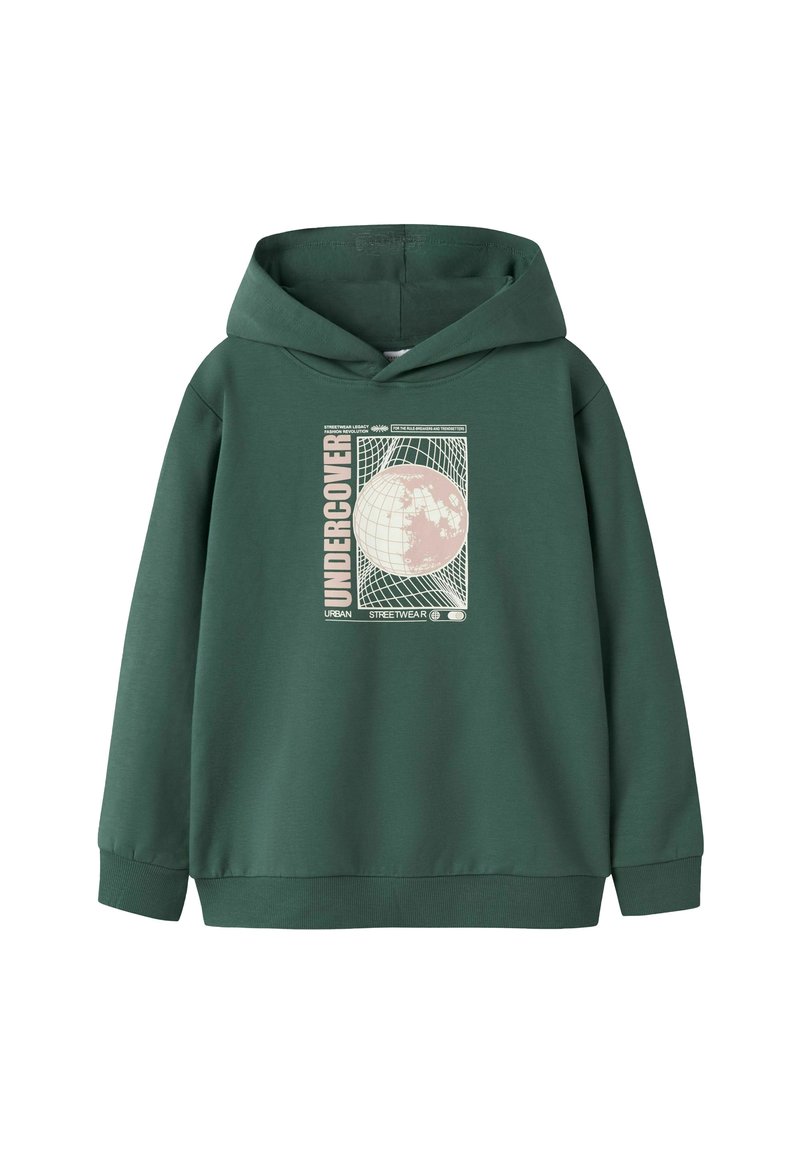Zelená mikina s kapucí, která má na přední straně grafiku zeměkoule a slovo "UNDERCOVER" v růžové barvě. Měkká textura a uvolněný střih.