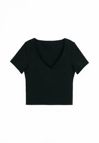 Top nero alla moda, corto, con maniche corte e scollo a V profondo. Realizzato in tessuto liscio, presenta cuciture aderenti per un aspetto strutturato.