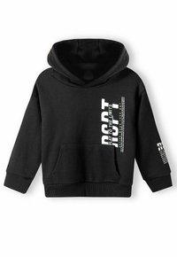 Sudadera con capucha negra hecha de una mezcla de algodón. Presenta un bolsillo frontal, puños de canalé y gráficos de texto blanco en el pecho y la manga. Textura suave.