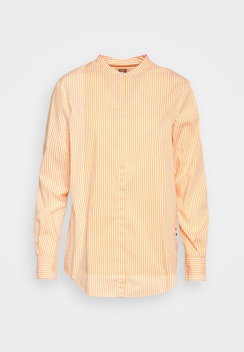 Long-sleeve, orange and white vertical striped button-up shirt with mandarin collar and cuffed sleeves.