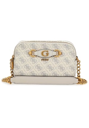 Beige Guess Crossbody-Tasche mit Monogramm-Muster, goldenem "G"-Logo, Reißverschluss und Kettenriemen mit Leder-Schulterpolster.