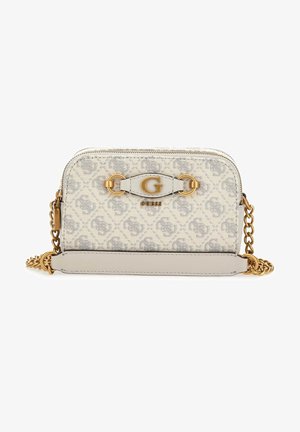 Sac bandoulière beige Guess avec motif monogramme, logo doré "G", fermeture éclair et bandoulière chaîne avec patte d'épaule en cuir.