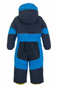 Niebieski i granatowy kombinezon narciarski dla dzieci z kapturem, elastyczną talią i wzmocnionym tyłem. Posiada kontrastowy design w blokach kolorowych oraz teksturowaną tkaninę.